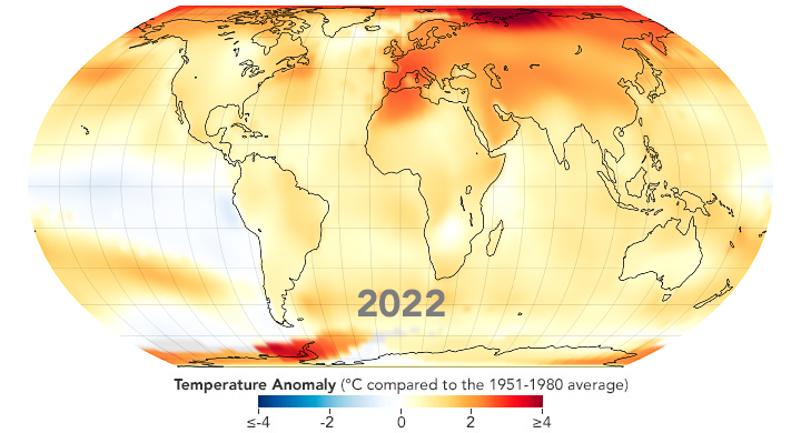 Mappa delle anomalie della temperatura globale nel 2022